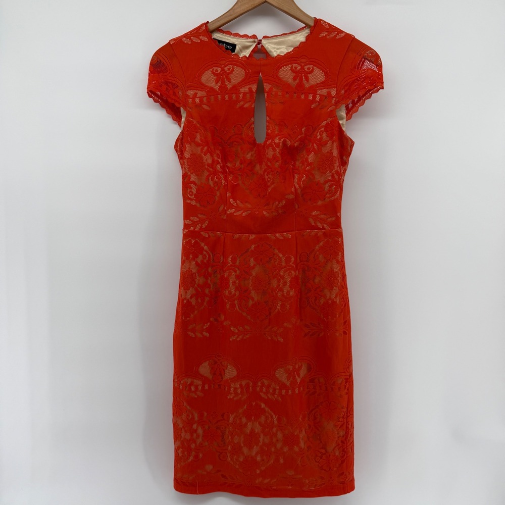 Bebe Orange Lace Keyhole Open Back Sheath Cocktail Dress 2 y2K cap sleeve
